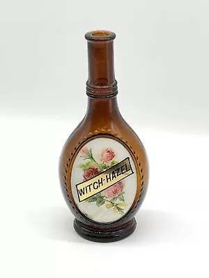 Antique Embossed Label Under Glass Amber Barber Bottle “Witch Hazel” 7.5” • $115