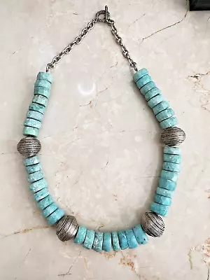 Vintage Southwestern Chunky Silver Tone Bead Turquoise Howlite Necklace 22  • $34.95