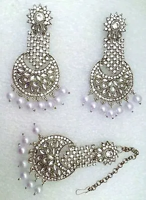 $25.85 • Buy New Bridal Maang Tikka Earrings Set Pearl Kundan CZ Silver Tone Indian Jewelry