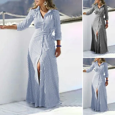 UK Stock Womens Long Sleeve Belted Striped Shirt Dress A-Line Flare Maxi Dresses • £13.60