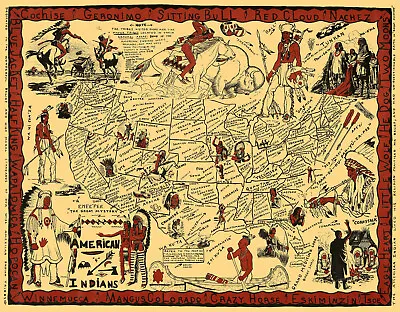 Pictorial Map Of Native American Indian Tribes Wall Art Poster Print Decor • £36.58