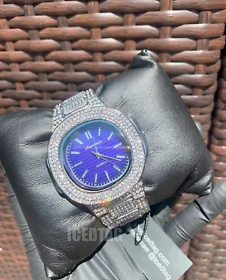 Men Hip Hop Iced Bling White Gold PT Rapper Lab Diamond Cut Metal Offset Watch • $28.49
