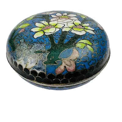 Vintage Cloisonne Blue Floral Enameled Round Trinket Jar Box With Lid Floral • $19.99