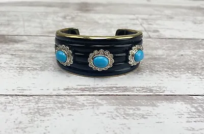 Miriam Salat Black Gold Tone 925 Silver Turquoise And Clear Stone Cuff Bracelet • $150