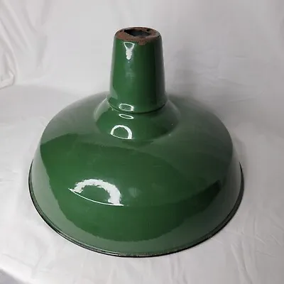 Vintage Green Metal Porcelain Light Shade Industrial Gas Station Farm 16   • $55