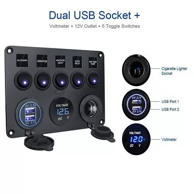 5 GANG 12V Switch Panel 2 USB Charger ON-OFF Toggle LED Rocker Car Boat Marine • $29.40