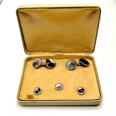 Vintage Swank 3 Studs Cufflink Set Boxed Purple Green Faux MOP/Abalone Tuxedo • $22