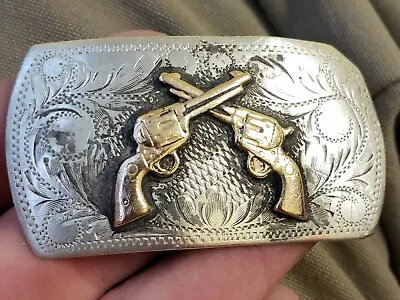 Sterling Silver Cowboy Sheriff Marshall Outlaw Pistol Belt Buckle VTG Western • $650