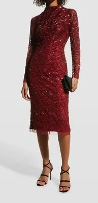 $295 Aidan Mattox Women's Red Beaded Long Sleeve Sheath Dress Size 14 • $82.78