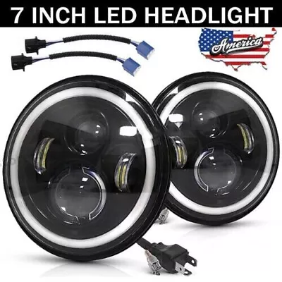 Pair 7  Inch Round LED Headlights Halo Angle Eyes Fit Jeep Wrangler JK TJ CJ LJ • $33.99