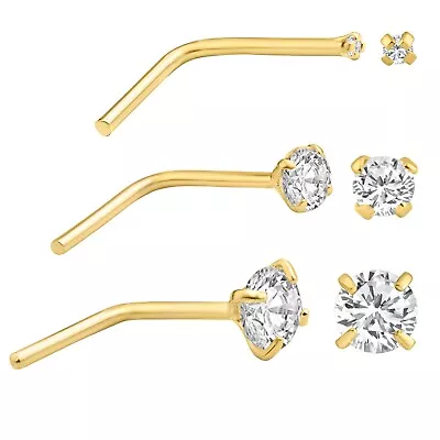 14k Solid Yellow Gold Round SI1 Diamond Prong Setting L-Shaped 20g Nose Ring • $52