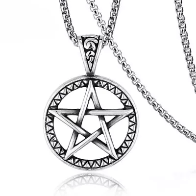 Silver Pentagram Pentacle Star Pendant Necklace Men Women Jewelry Chain 24  Gift • $9.99