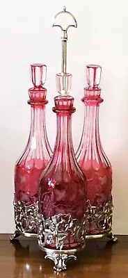 Antique Silverplate 3 Cranberry Etched Glass Wine Bottle Liquor Decanter Caddy • $1599.95