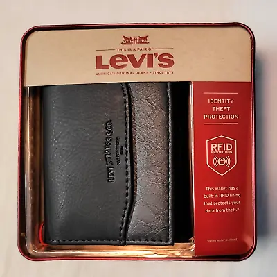 Levi's Men's Trifold Zipper Wallet Black Leather RFID Blocking Logo New MSRP $36 • $25.95