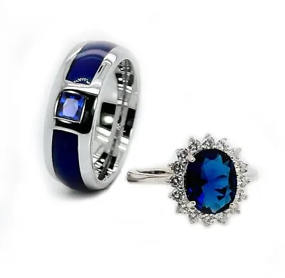 Matching Rings Sets Blue Agate Women Wedding Bands Mens Ring Blue CZ Stone • $374.85