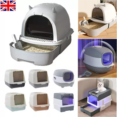 Cat Litter Tray Box Hooded Flap Door Extra Deep Anti-Spillage Box Toilet UV • £11.94