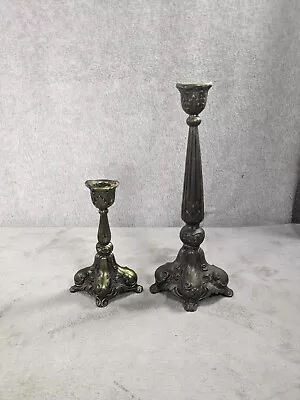 Set Of 2 Vintage Altar Candlestick Holder Goth Candleholders Cast Metal 10  & 6  • $49.98