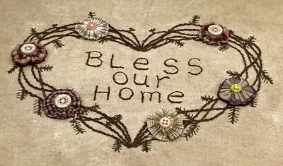 VTG Bless Our Home Embroidered Quilt Block Button Accent Heart Tea Stained • $10