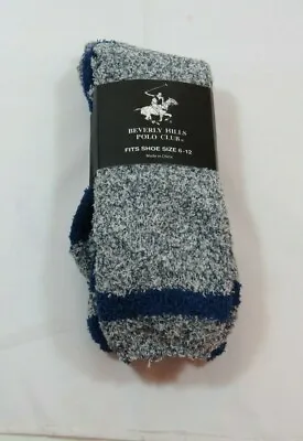 Mens 2 PK Blue Gray Beverly Hills Polo Club Fuzzy Slipper Socks Shoe Size 6-12 • $14.02