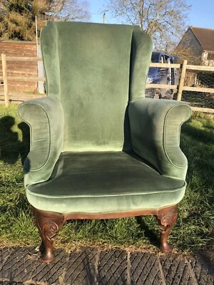 £185 • Buy VICTORIAN WING ARMCHAIR GREEN VELVET SPRUNG Circa 1880