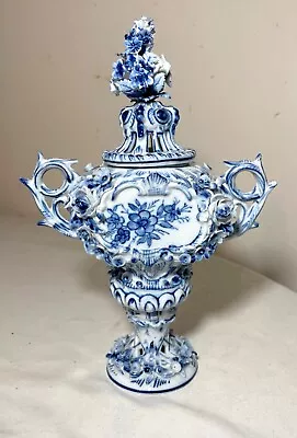 RARE Antique Ornate Handmade Painted Blue White Delft Porcelain Potpourri Jar • $289.99