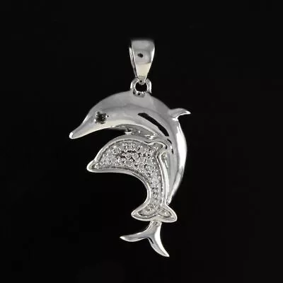 18K WHITE Gold Plated Silver BLACK & WHITE DIAMOND MOM AND BABY DOLPHIN PENDANT • $307.21