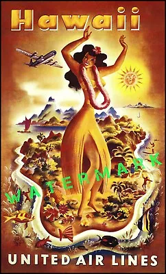 Hawaii 1950 United Air Hula Girl Vintage Poster Print Retro Airlinline Travel • $21.58