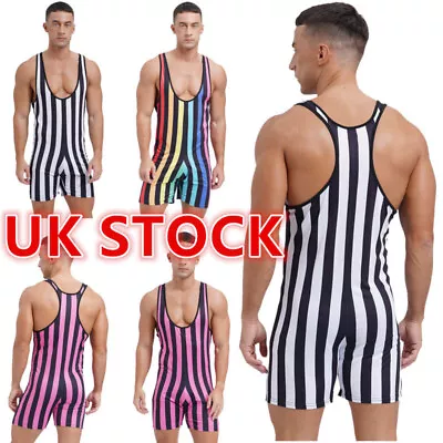 UK Men Wrestling Singlet Supporter Bodysuit Striped Leotard Sleeveless Jumpsuits • £10.31