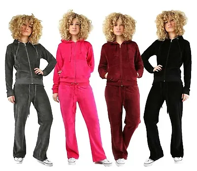 Women's Ladies Long Sleeve Velour Velvet Lounge Wear Hooded Full Tracksuit Set • £23.99