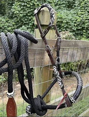 Beaded Bitless Hackamore Rawhide Bosal Mecate Complete Set New Horse Tack • $89.95