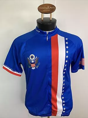 VOLER Mens Cycling Jersey Size L Red White Blue Stars Stripes Full Zip Pockets • $17.49