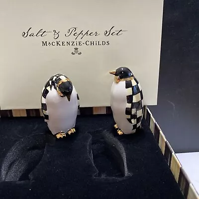 NEW Mackenzie Childs Courtly Check Penguins Ceramic Salt & Pepper Shakers In BOX • $59.99