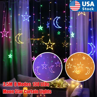 138 LED Twinkling Star Moon Curtain Fairy String Lights Xmas Party Wedding Decor • $13.29