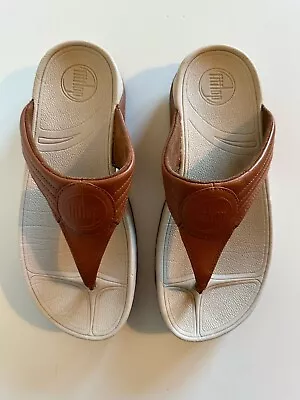 Fiitflop Wobbleboard Toe Post Thong Tan Brown Leather Wedge Sandals Size UK 5 • £23.99