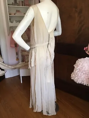 GLAMOROUS Vintage 1920’s Long Gown Ivory Rhinestones Front & Back Wedding DRAMA! • $175