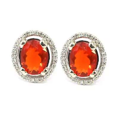 Fire Opal Oval 3.66 Carat Stud Earrings In 14k White Gold With Diamonds (53020) • $1100