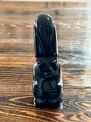 VTG Hand Carved Obsidian Black Stone Azec Mayan Tiki God Figurine 4.5” Mexico • $15