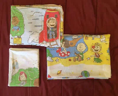 VTG Snoopy Peanuts Charlie Brown Twin Flat Fitted 1 Pillowcase Set Space Western • $49.50