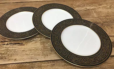 3 Salad Plates Mikasa Mount Holyoke 60673 Gold Flowers Scrolls Black 114 White • $31.89