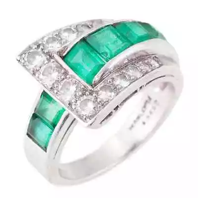 Early Retro Style Channel Set Step Cut Emerald & Round Cut CZ Buckle Design Band • $376.13