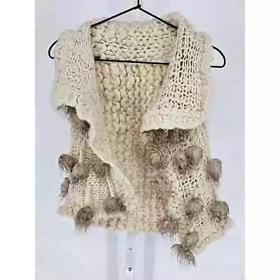 Vintage Hand Knit Crochet Open Front Chunky Knit Vest Beige W/ Pom Poms 1970s • $22.50