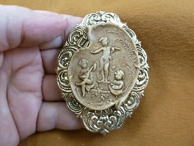 (CL63-1) Cherubs Playing Music Angels Tan Cameo Brass Pin Pendant Jewelry Brooch • $34.99