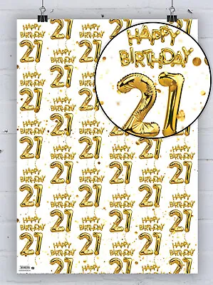 21st Birthday White Gold Balloon Wrapping Paper Twenty First Gift Wrap Present • £4.50