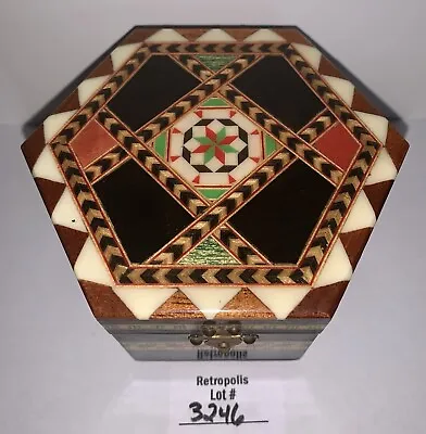 Marquetry Hexagon Music Box Trinket Jewelry Box Chest Wooden Inlaid Vintage • $30.40