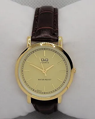 Ladies QQ Dress Gold Tone Gold Dial Brown Leather Strap Analog Watch K5 • $24.99