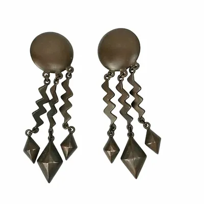 $199 • Buy Vintage 80s Ben Amun Bronze Metal Zig Zag Geometric Dangle Clip On Earrings 3 