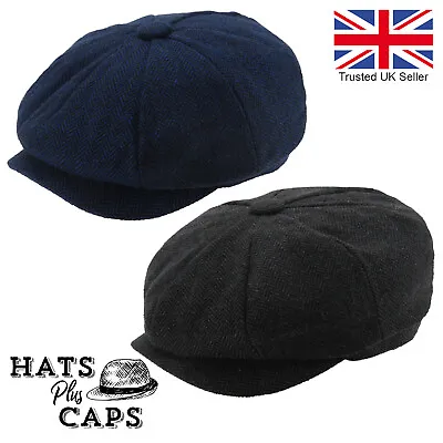 £11.99 • Buy Mens Peaky Blinders Newsboy Flat Cap Grey Navy Herringbone Gatsby 8 Panel Hat