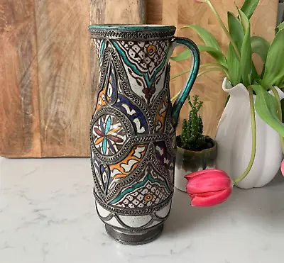 £299 • Buy Vintage/Antique Moroccan Hand-Painted Bohemian Jug Vase Silver-Toned Filigree