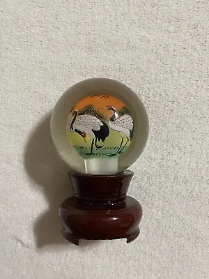 VINTAGE MINIATURE DESKTOP GLOBE - HANDPAINTED GLASS AND WOODEN STAND 3.25” Tall • $20