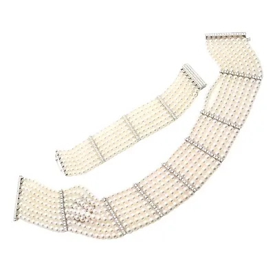 Authentic! Mikimoto 18k White Gold Pearl 6.8ctw Diamond Bracelet Necklace Set • $28875